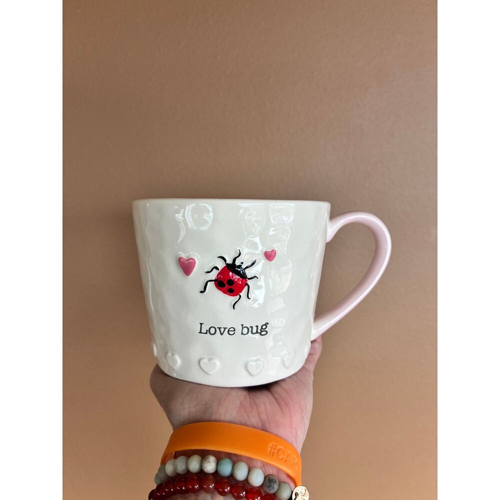 Bluebird and Willow Ceramic Mug Love Bug Ladybug Pink Hearts Handle and Inside